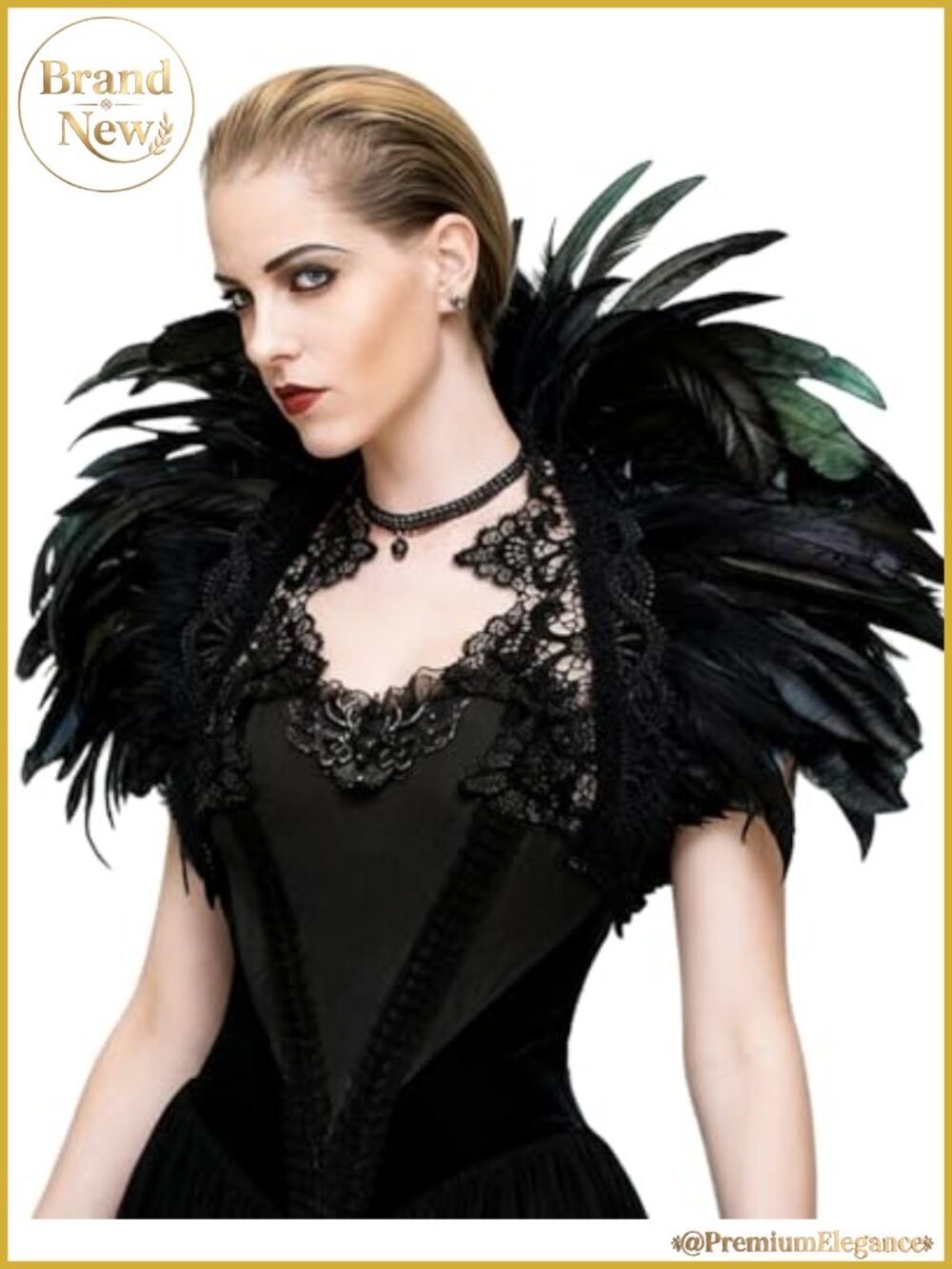 Women's Black Feather Shrug Cape Handmade Gothic Shoulder Wrap Lace Collar